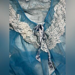 Vintage Blue Sheer chiffon baby doll Bed Jacket robe Floral Ruffle Lace Details